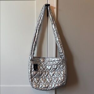 BNWT Forever 21 Silver Quilted Shoulder Bag With Heart Imprints